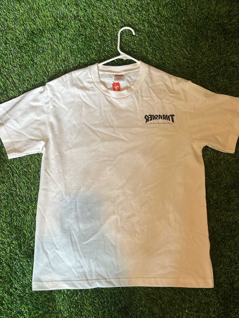 Supreme White Short Sleeve Tee with Small Black Thrasher Logo